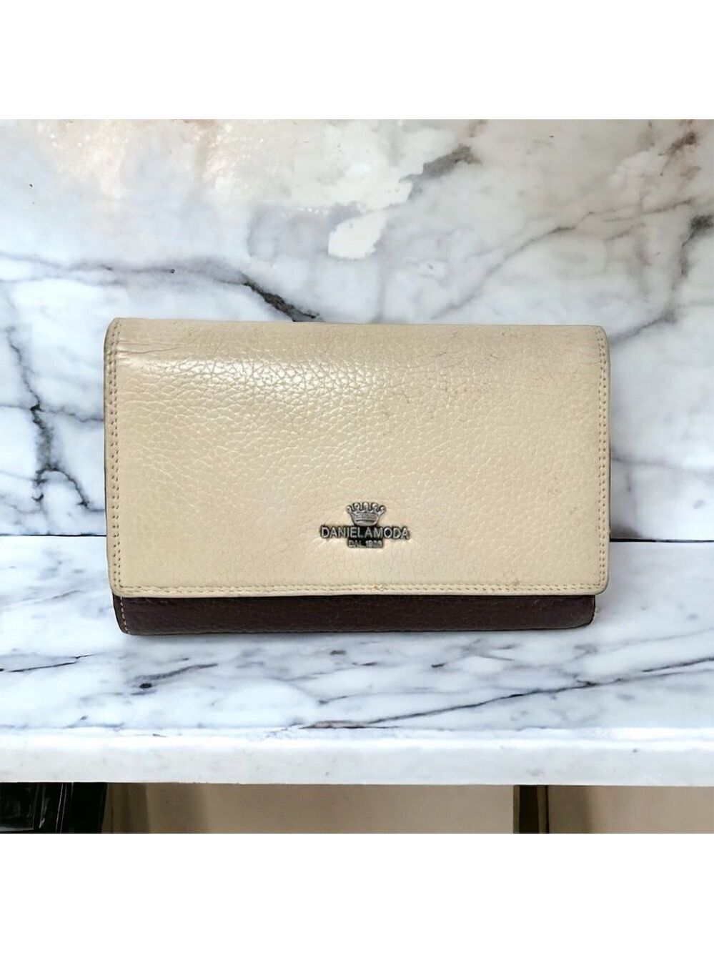 Daniel Amoda Beige/Brown Leather Tri-Fold Wallet with Multicolour Interior
